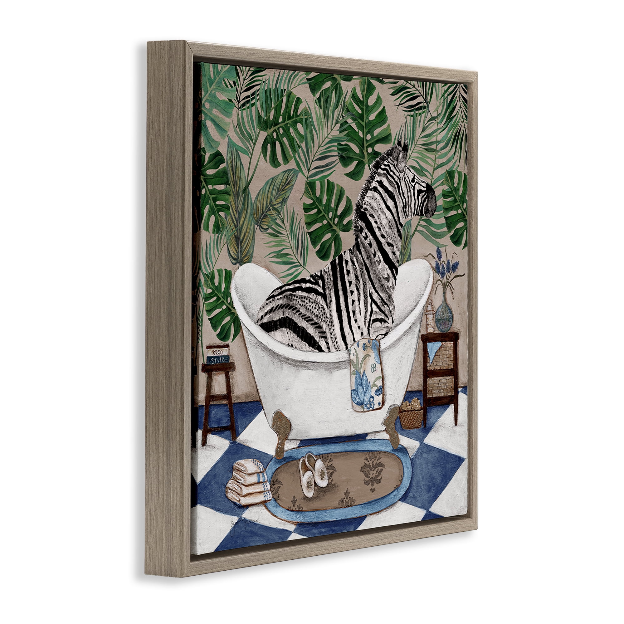 Stupell Industries Zebra in Tropical Bathtub Brown Framed Floater Canvas Wall Art, design by Janet Tava
