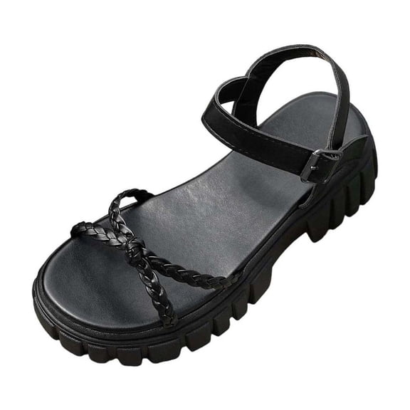 Wensltd Women Thick Sole Sandals Round Open Toe Solid Color Summer Wide Width Black Sandals Comfortable Shoes