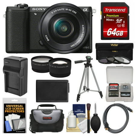 Sony Alpha A5100 Wi-Fi Digital Camera & 16-50mm Lens (Black) with 64GB Card + Case + Battery & Charger + Tripod + Filters + Tele/Wide Lens