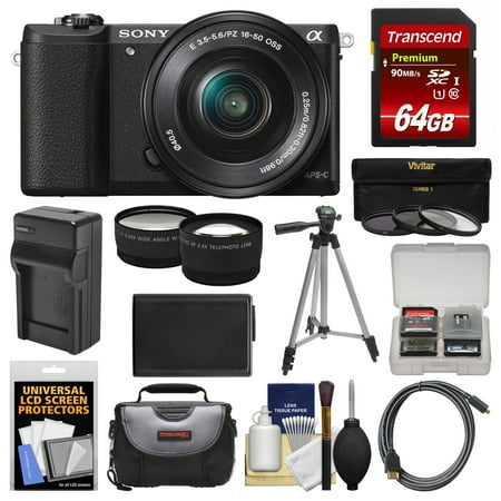 Sony Alpha A5100 Wi-Fi Digital Camera & 16-50mm Lens (Black) with 64GB Card + Case + Battery & Charger + Tripod + Filters + Tele/Wide Lens Kit