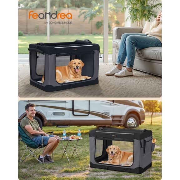 36-Inch Collapsible Dog Crate, Portable Pet Carrier with 4 Mesh Doors & Safety Zippers, Water-Resistant Soft Kennel for Large Dogs, Ink Black