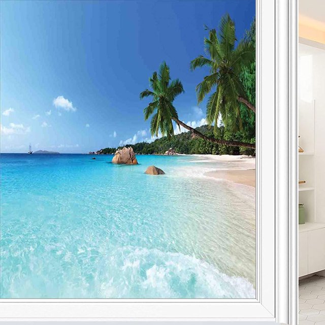 Ocean Decorative Window Film, Surf Beach Scenic, Glue Free Static Privacy PVC Window Film, W35.4 x L78.7 Inch Blue Turquoise