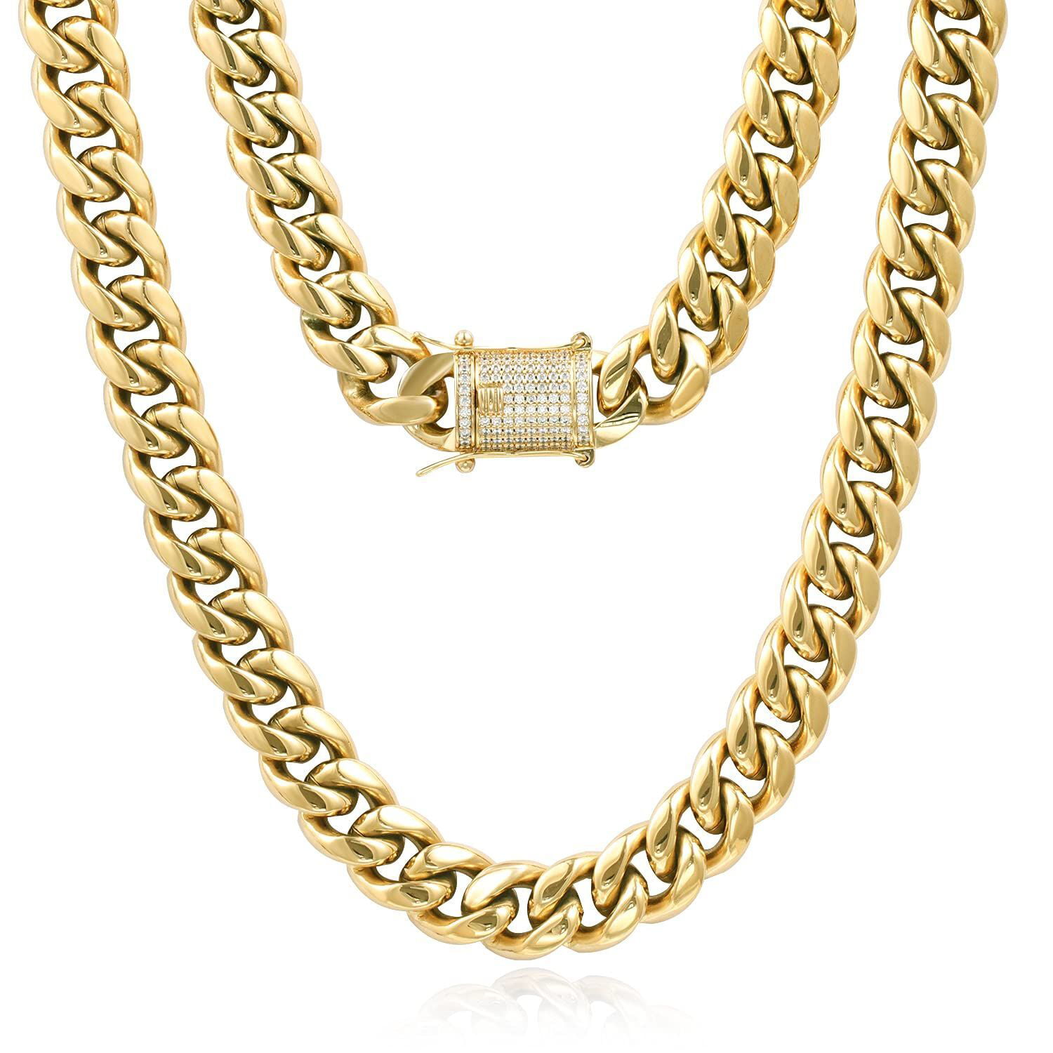 GOLD IDEA JEWELRY 14k Gold Plated Stainless Steel Thick Miami Cuban Link Chain with Lab Diamond Clasp Men's Hip Hop Necklace/Bracelet for Men Women 