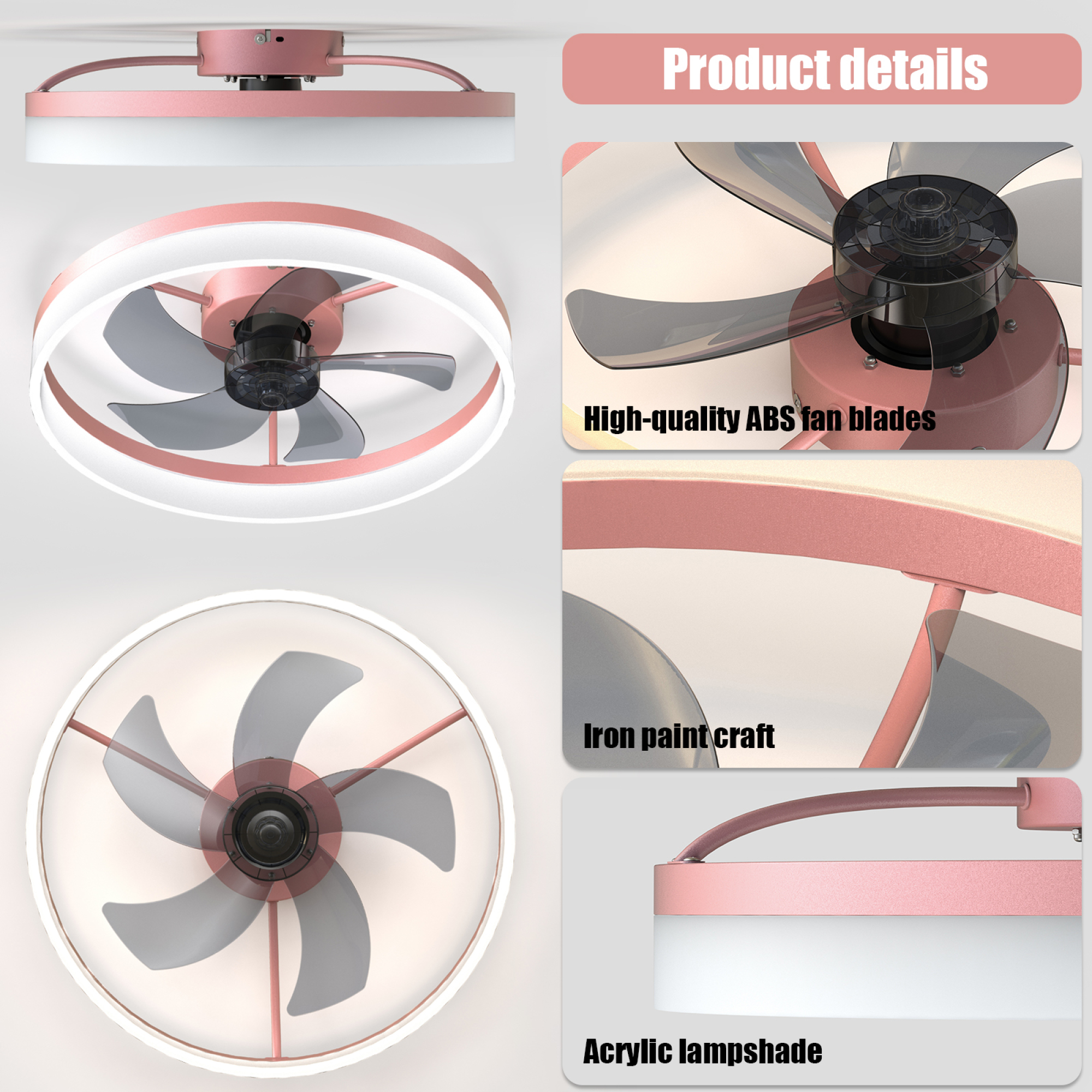 Leumius Ceiling Fans with Lights Dimmable LED Embedded Installation of Thin Modern Ceiling Fans or Bedroom, Kids Room, Study Room Pink