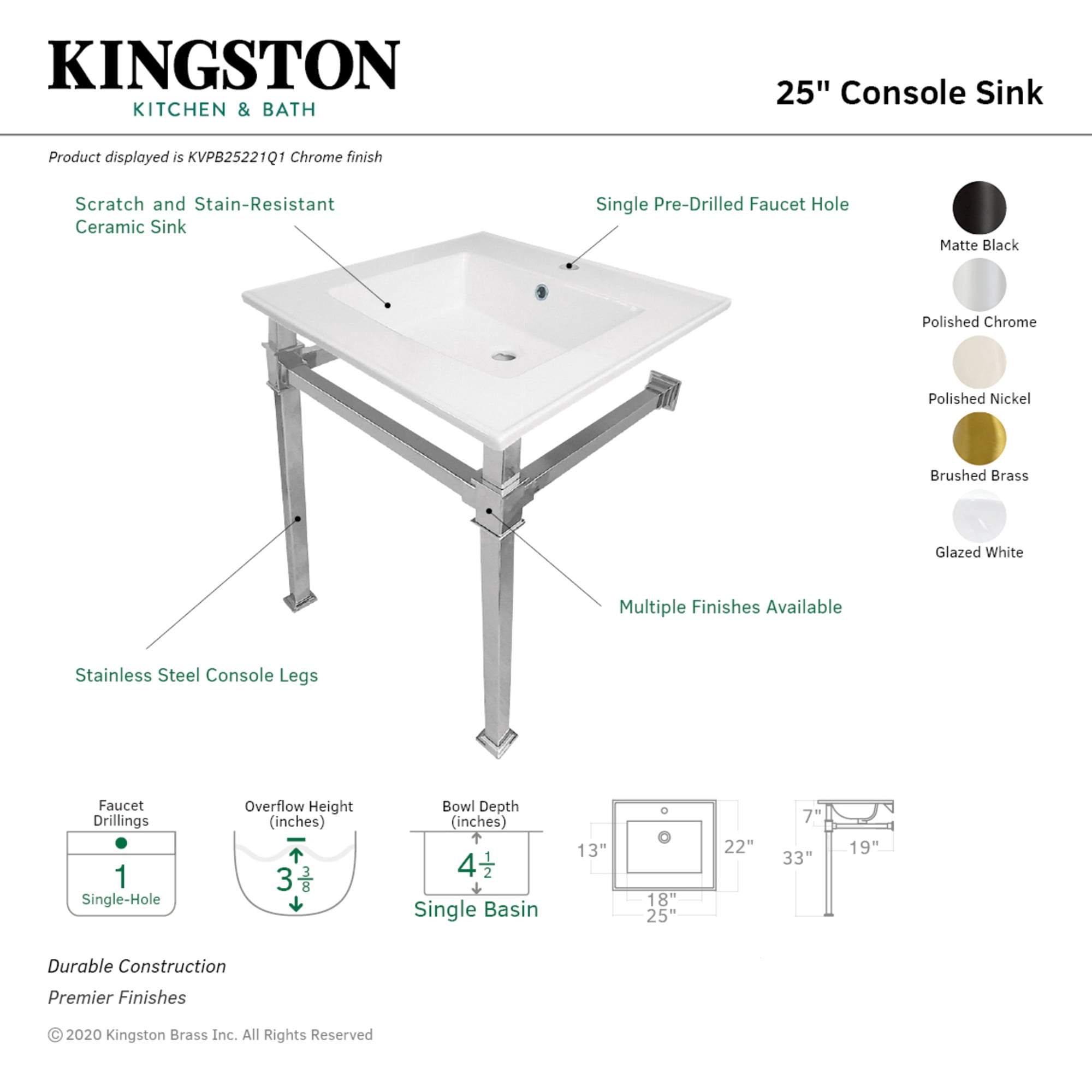 Kingston Brass KVPB25221Q1 Monarch 25" Ceramic Console Sink with Stainless Steel Legs (1-Hole), White/Polished Chrome