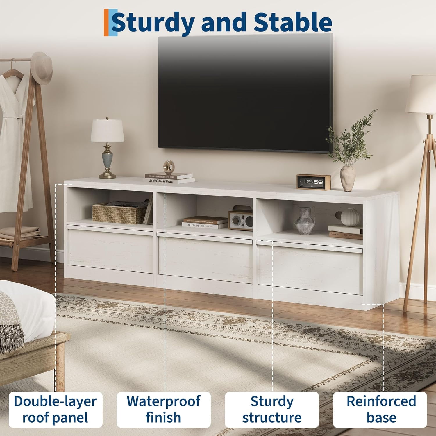 Garvee 70" TV Stand for TVs up to 85", Mid Century Modern Entertainment Center with Drawer, Open Shelves & Cable Management, White