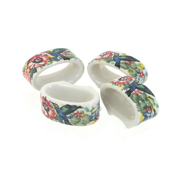 Blue Rose Polish Pottery Hummingbird Napkin Ring Set