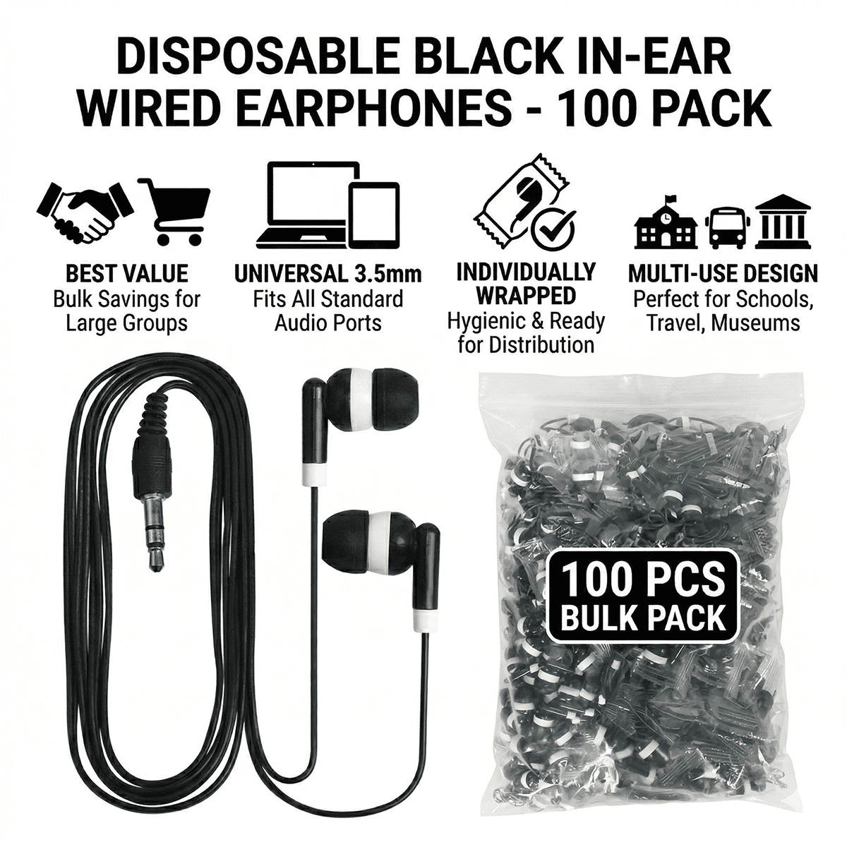 wired earbuds for school, 100 Pack bulk disposable headphones for classroom tideseer
