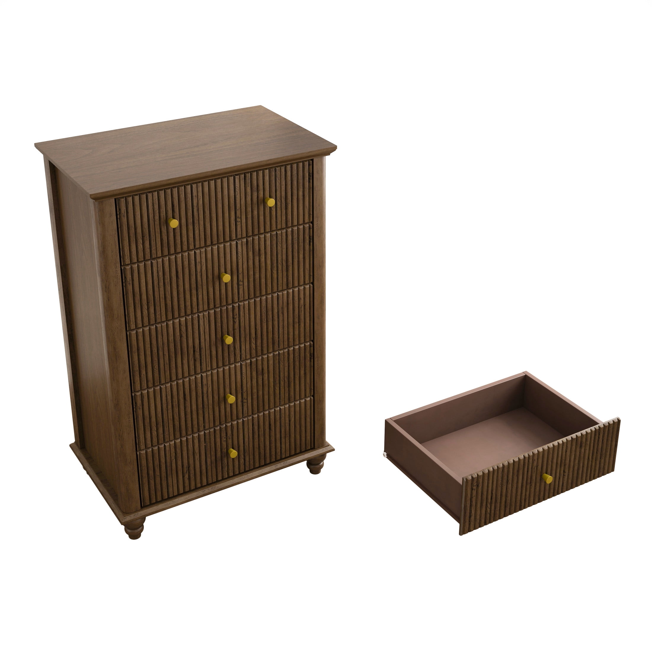 Noble House Harmon Fluted 5-Drawer Dresser, Modern Rubberwood Chest with Metal Handles, for Entryway, Bedroom, Walnut