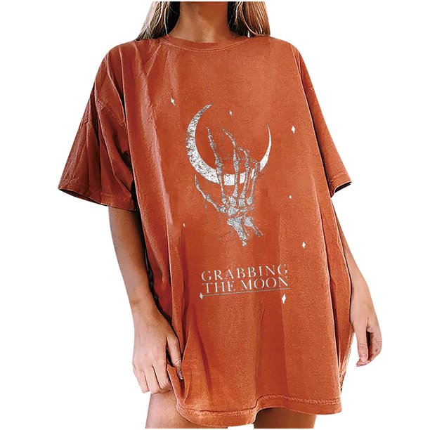Camiseta de manga corta con cuello redondo y estampado de calavera de sol y luna informal a la moda para mujer Pompotops hkajfhjk458292