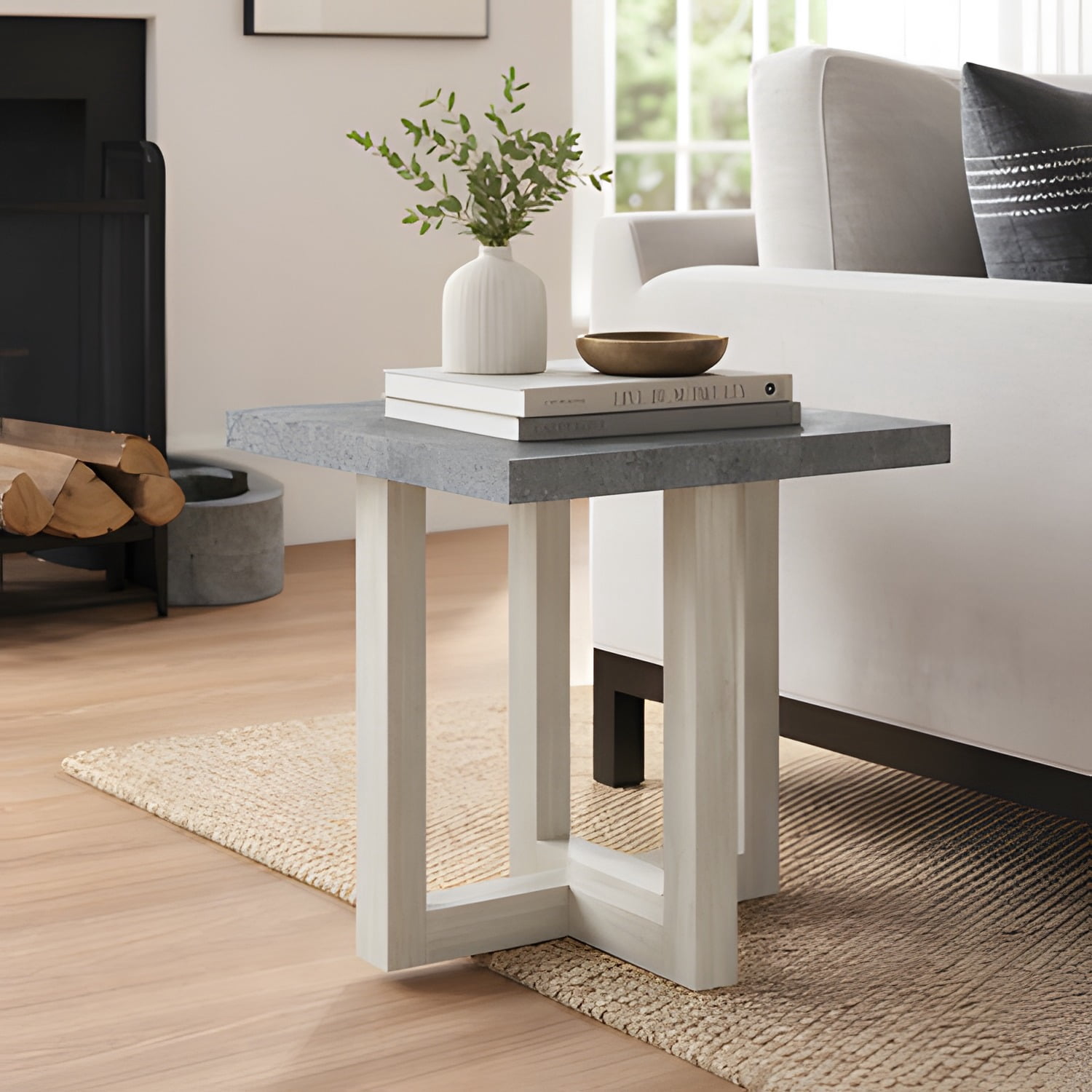 End Table, Faux Concrete White