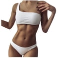 thumbnail image 2 of WREESH Solid Color One Shoulder Bikini Plain White Asymmetrical Low Waist Swimsuit, 2 of 6