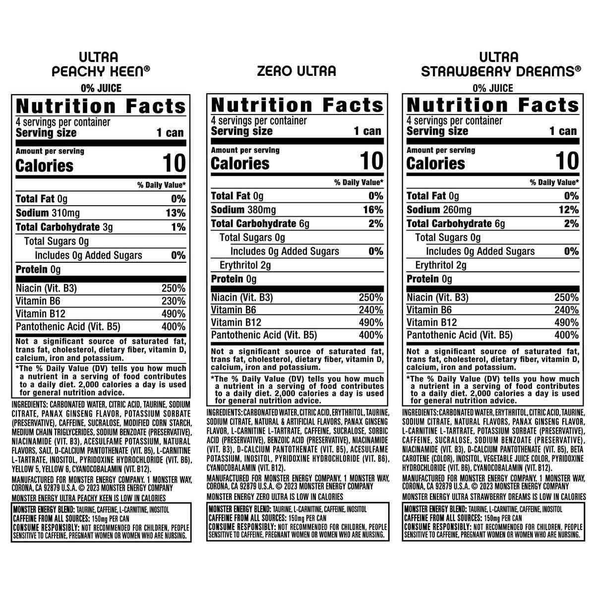 Monster Ultra Variety Pack Including Zero Ultra/Peachy Keen/Strawberry Dreams, Energy Drink - 12pk/16 fl oz Cans - Pack of 2