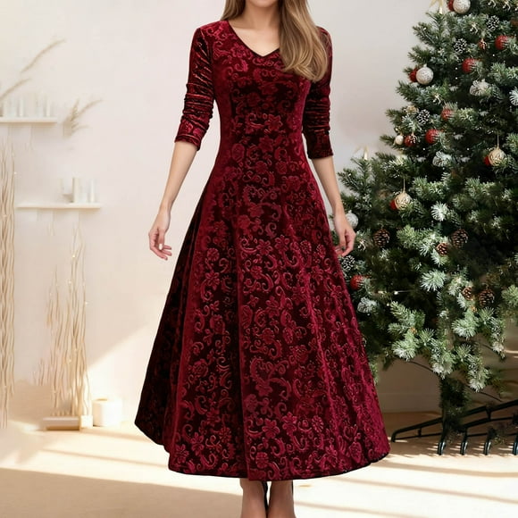Elegant Velvet Midi Dress For Holiday Parties And Year Festive Occasion Casual Long Sleeve Party Gown With Fit Women'S Casual Dress