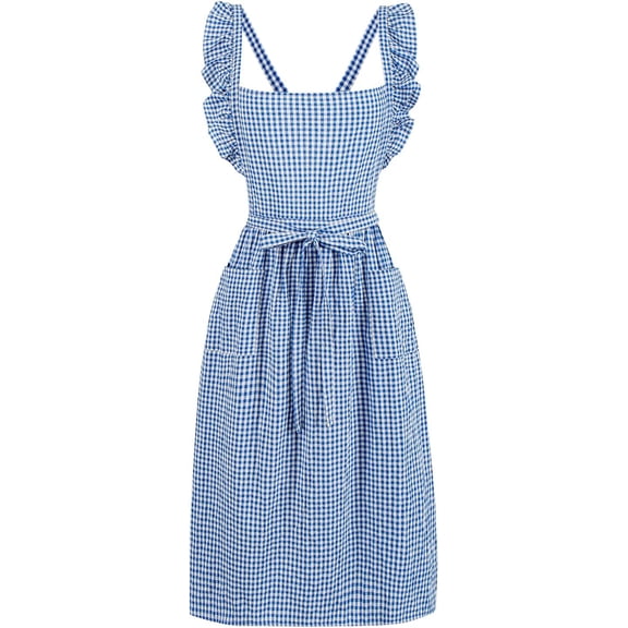 Vintage Gingham Apron for Women, Ruffle Straps, 2 Pockets, Soft Cotton, Apron Dress Style for Cooking & Baking