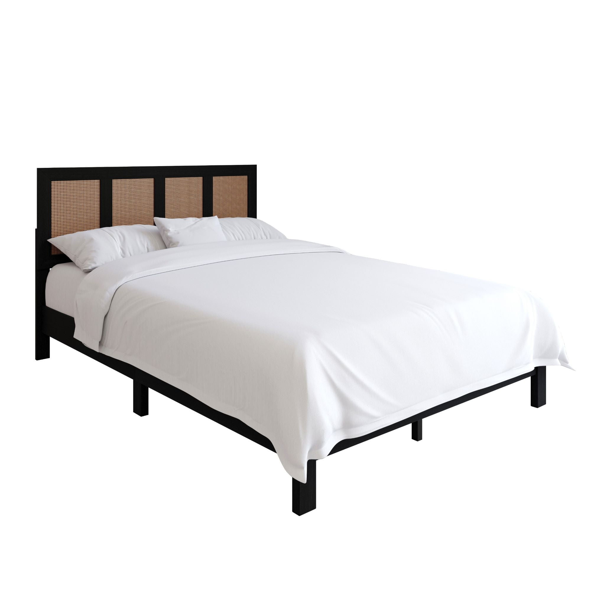 Home Design Missoula Twin Wood Panel Bed Frame with Rattan Accents, Black – Box Spring Required