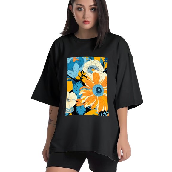 Plus Size Shirt for Women Black Tops for Women Short Sleeves Shirt for Women Flower 25 T Shirt Crewneck Shirt for Women XS