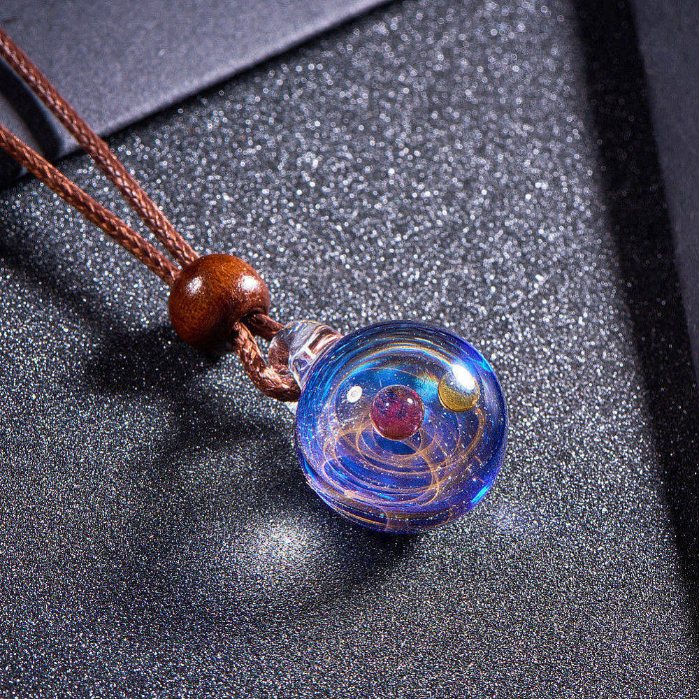 1box Galaxy Universe Ball Necklace Makings with Handmade Lampwork Pendants Waxed Cowhide Leather Cord and Brass Chain
