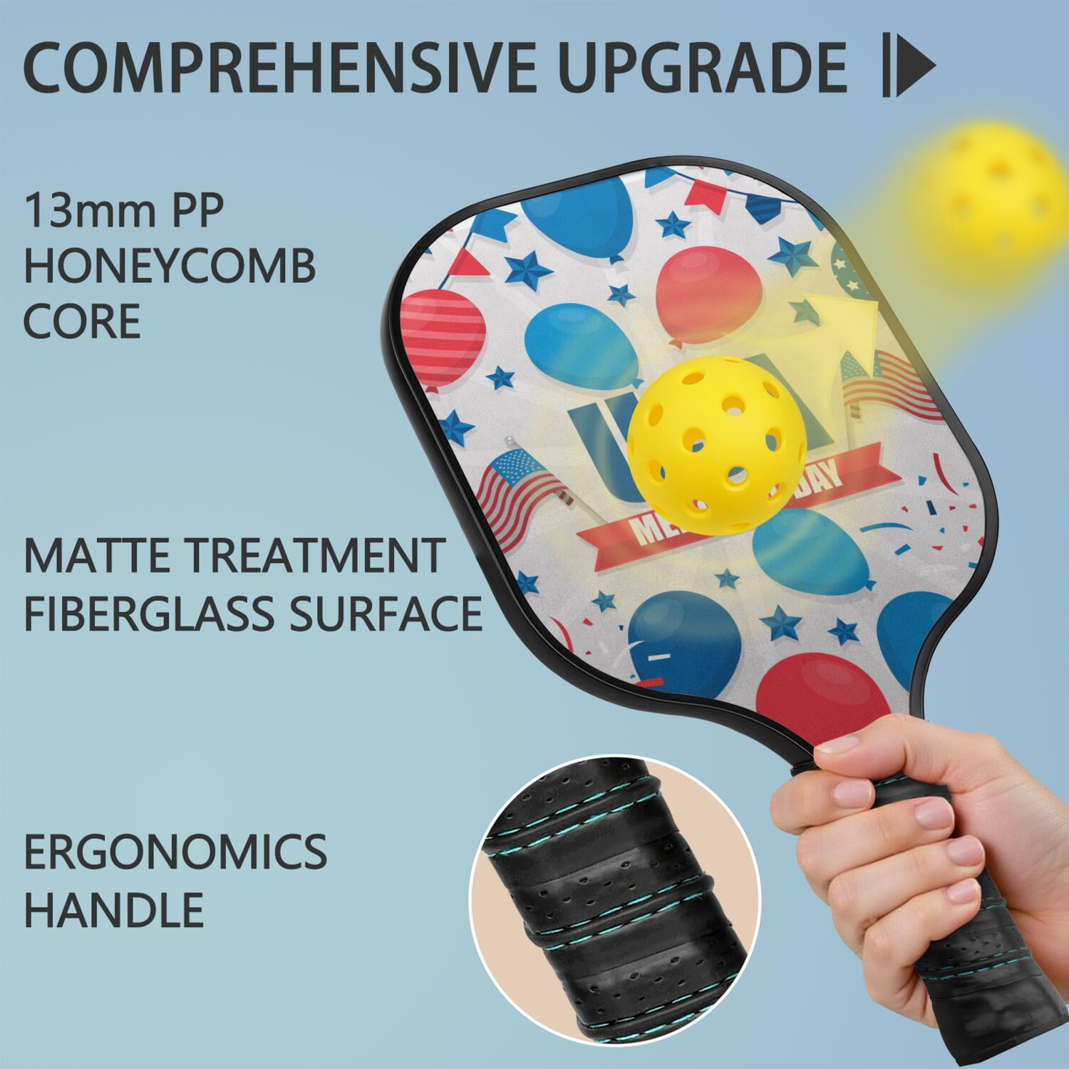Pickleball Paddles Set Of 2, Fiberglass Surface, USA, Independence Day Print, 4 Balls & Bag
