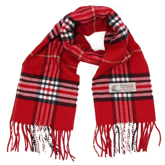 Plaid Cashmere Feel Classic Soft Luxurious Winter Scarf For Men Women (Red)