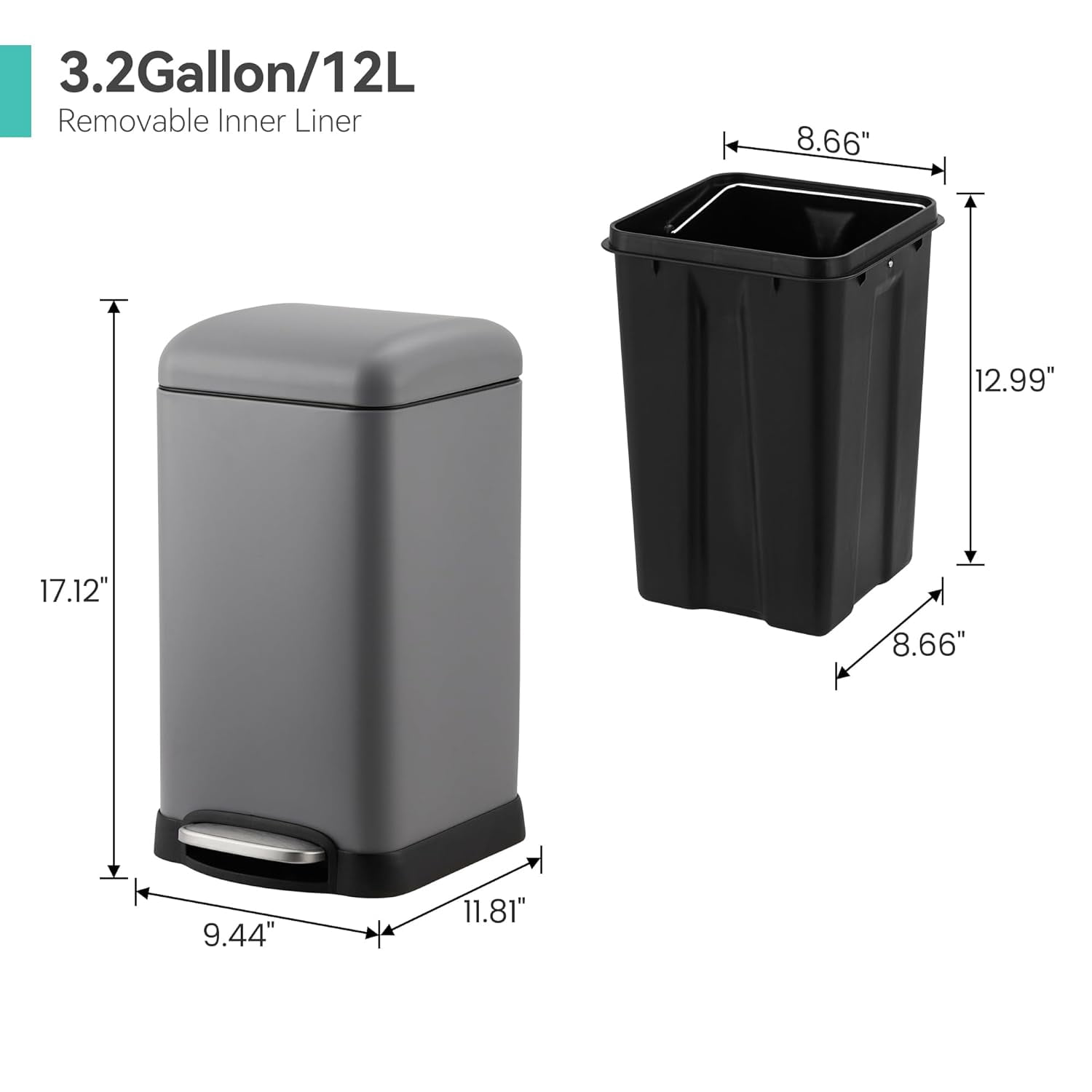 12Gallon Step Trash Can with Soft-Close Lid,Stainless Steel Garbage Bin with Removable Inner Bucket for Kitchen,Home,Office