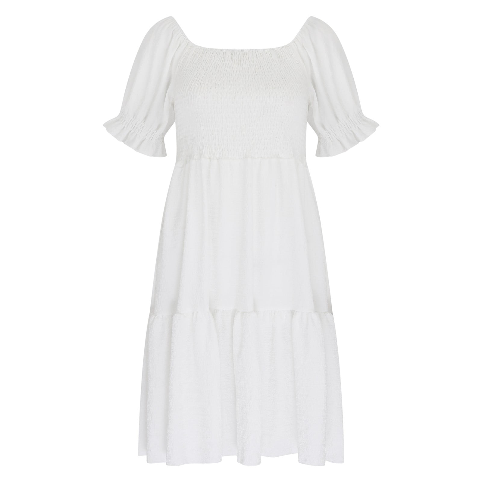 Besolor Off Shoulder Dress for Women Short Sleeve Ruffle Boho Sundress Summer Casual Loose Flowy Beach Midi Dresses