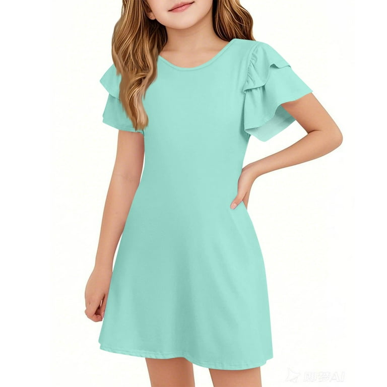 TQWQT Cyan Dresses for Girls Cute Basic Skater Dress Kids Crewneck Size  10-12 Girls Sundress Tween Girls T-Shirt Dress Ruffle Short Sleeve Cyan 140  - Walmart.com