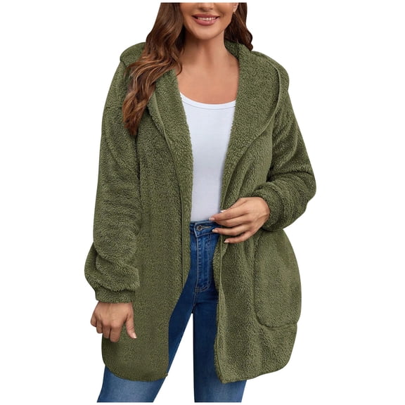 Womens Outwear Plus Size, Solid Winter Faux Coats Long Sleeve Hoddede Pockets Fleece Jacket Casual Trendy Outerwear