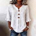 thumbnail image 2 of GILIGEGE Womens Tops Dressy Casual 3/4 Ruffle Sleeve Henley Shirts for Women Decorative Button Front Loose Fit Casual Work Tops Summer Vacation Outfits Fashion Exquisite Print T Shirt White, 2 of 5