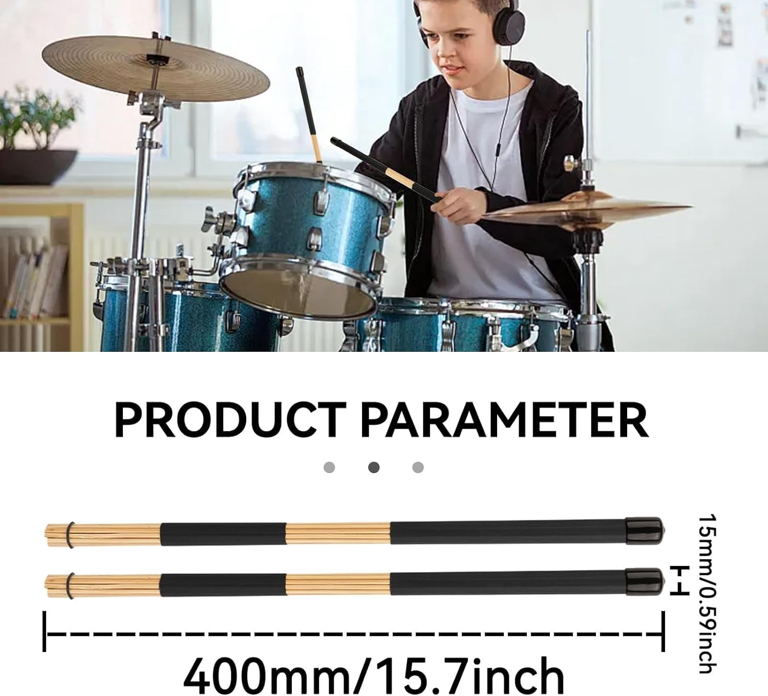ABCISI 3Pairs Wood Brush Drum Sticks, 16inch 19 Bundle Rods Drumsticks Drum Brushes Sticks Rod Drumsticks Music Instrument Accessory for Jazz, Folk, Small Venue and Acoustic Performance (Black)