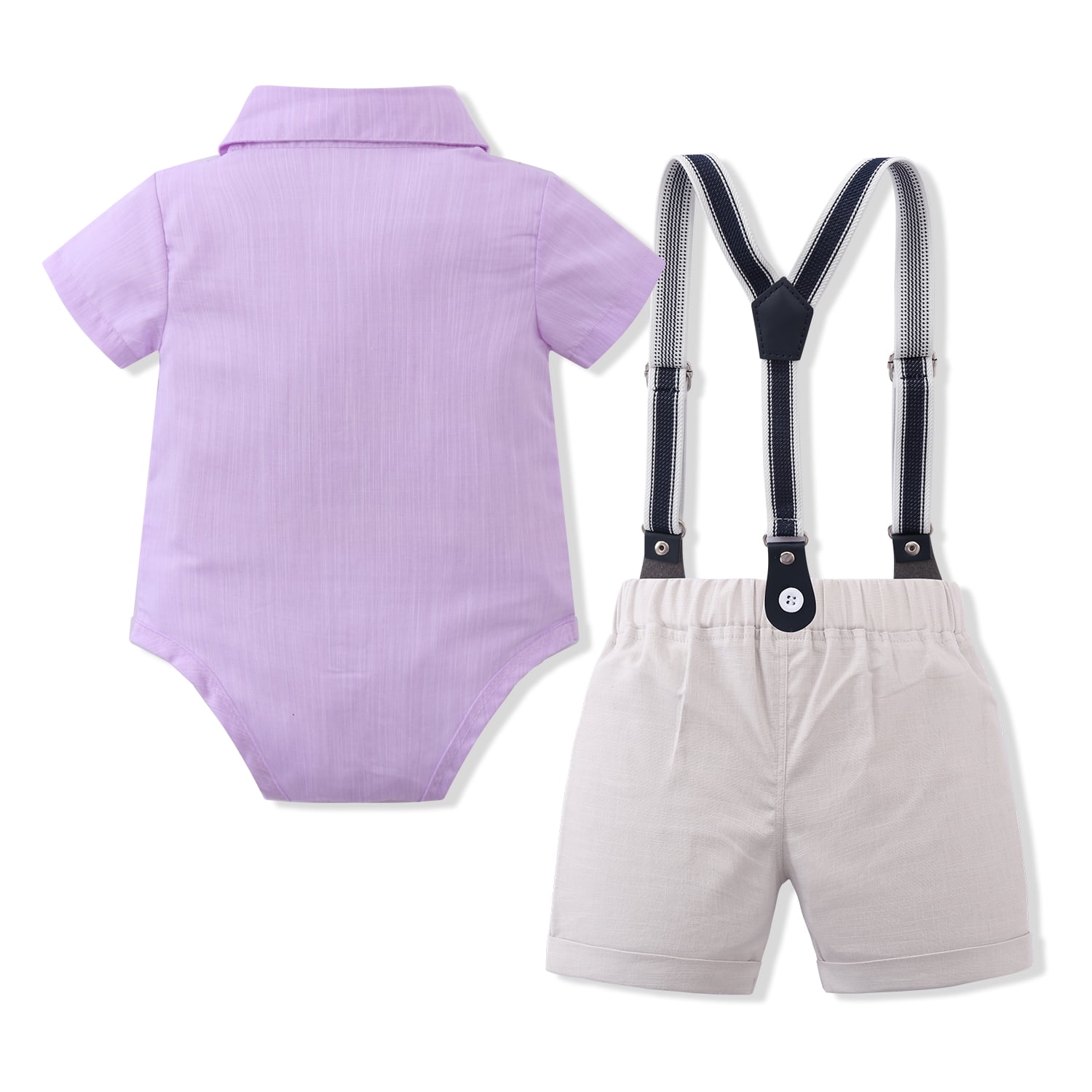 IBTOM CASTLE Baptism Outfits for Boys Infant Baby Gentleman Formal Suit Bowtie + Romper + Suspender + Pants 4PCS Birthday Wedding Tuxedo Outfit Cake Smash Christening Clothes
