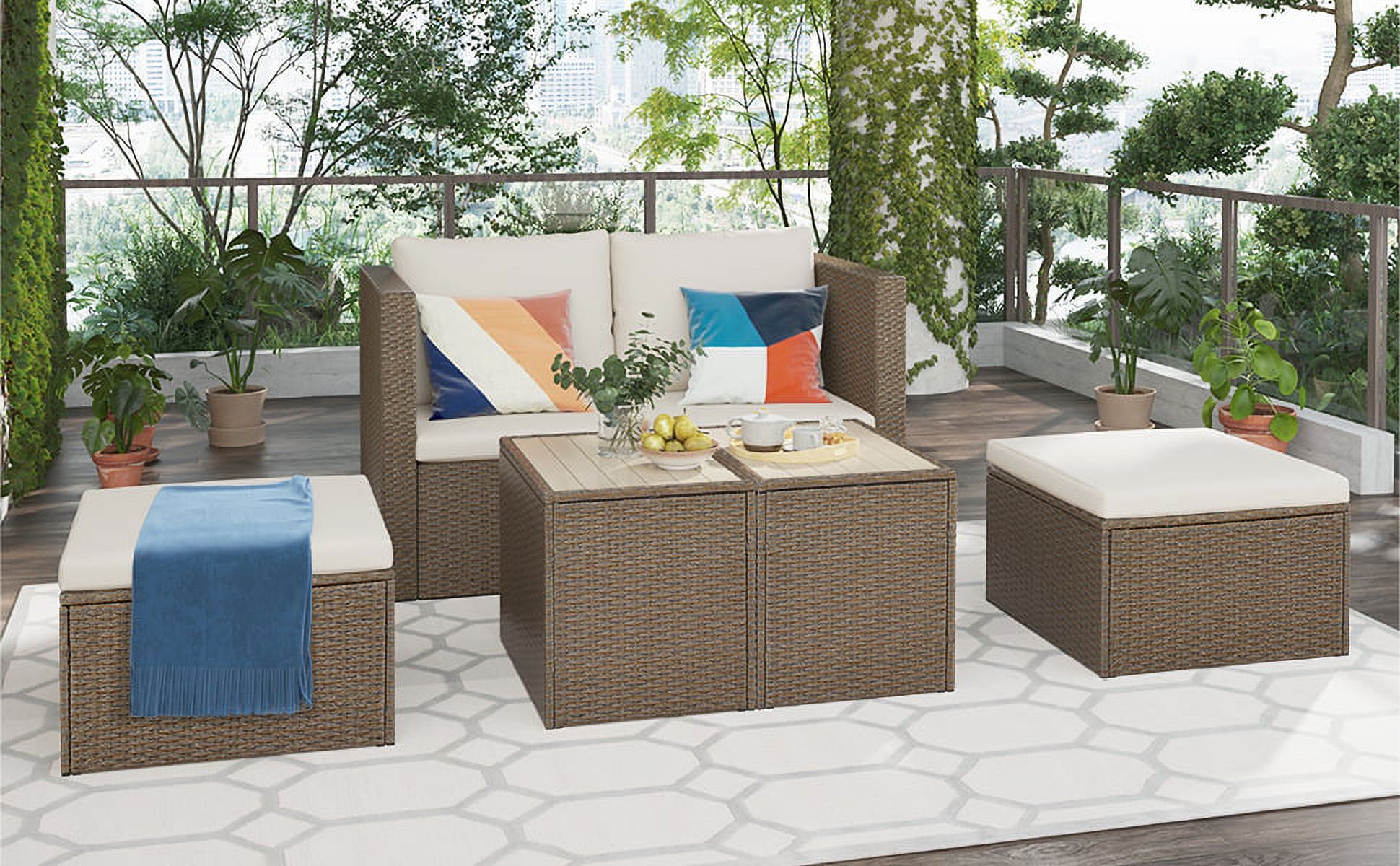 Outdoor 6-Piece Garden Furniture Set, PE Wicker Rattan Sectional Sofa Set with 2 Tea Tables, Brown Wicker+Beige Cushion