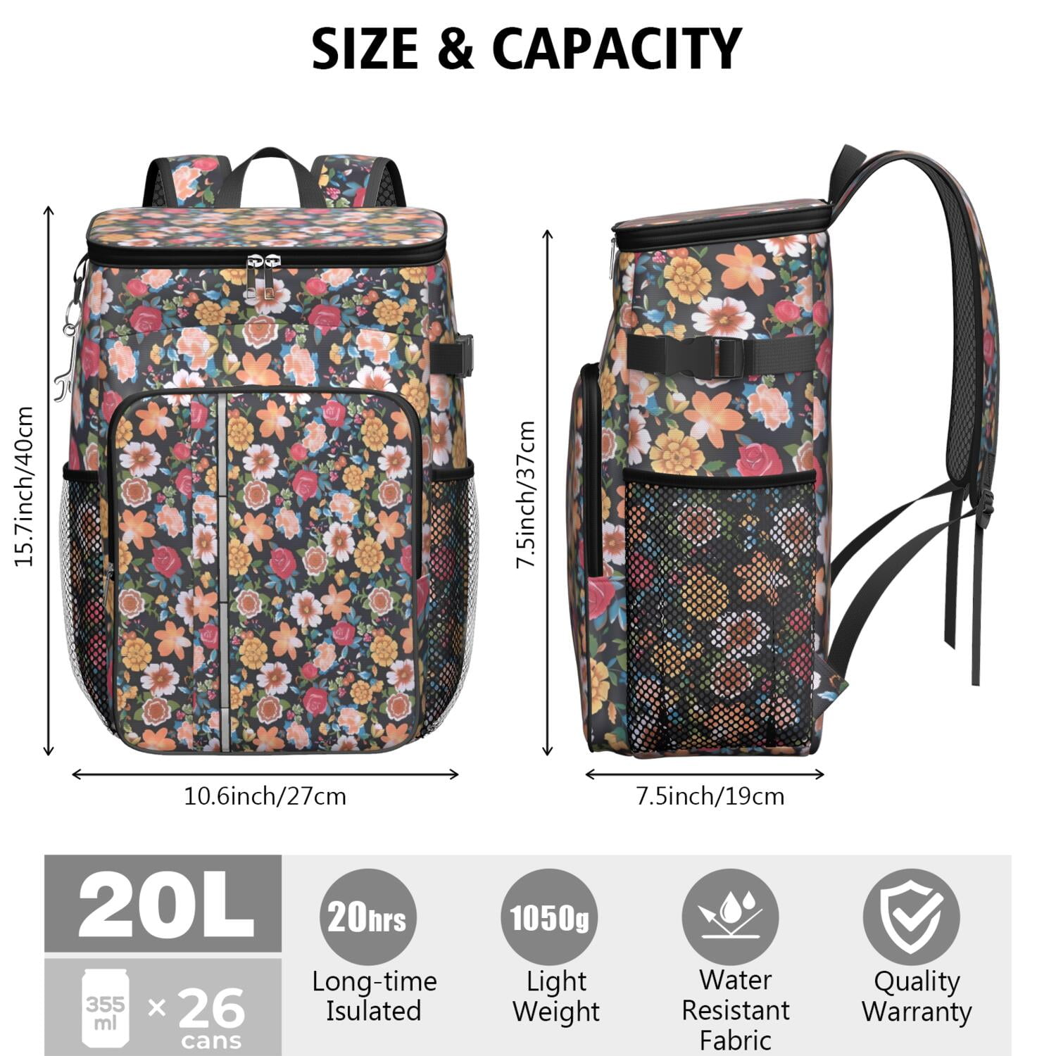 Travel Cooler Bag - Pioneer Flower Floral Print Pattern Camping Beer Cooler Backpack with Bottle Opener- Waterproof Insulated Picnic Backpacks - Cooler Bag for Beach