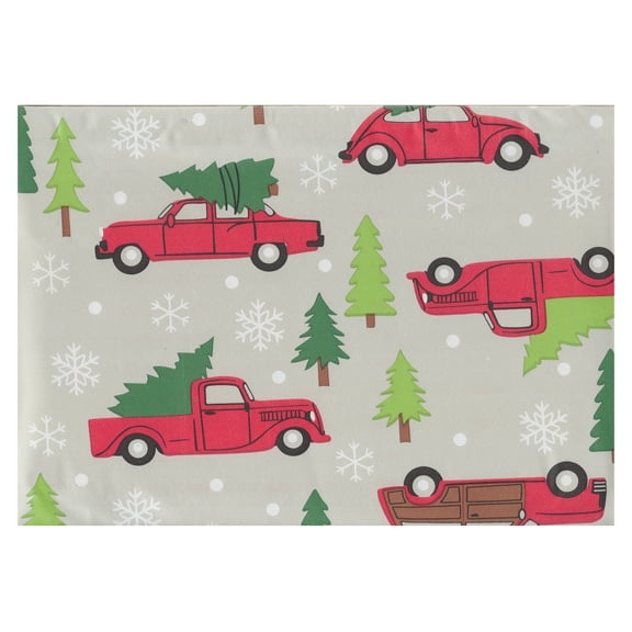 St. Nicholas Square Christmas Kitchen Tablecloth,  Flannel Backing, Cars and Red Truck Theme, 52 x 70 inches