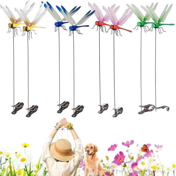 HaCpiu 8Pcs Metal Outdoor Dragonfly Garden Decor, 12" Decorative Fake Dragon Fly Clips, 3D Faux Insect Decoration for Outdoor, Indoor, Patio, Lawn & Courtyard Ornament