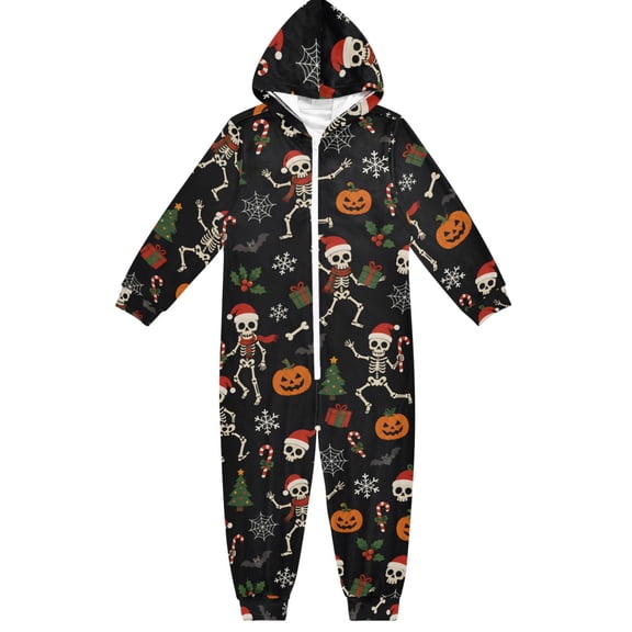 Skeletons Christmas Boys & Girls Hooded One-Piece Pajamas Warm Crystal velvet Hooded Long Sleeve Loungewear Jumpsuit Unisex