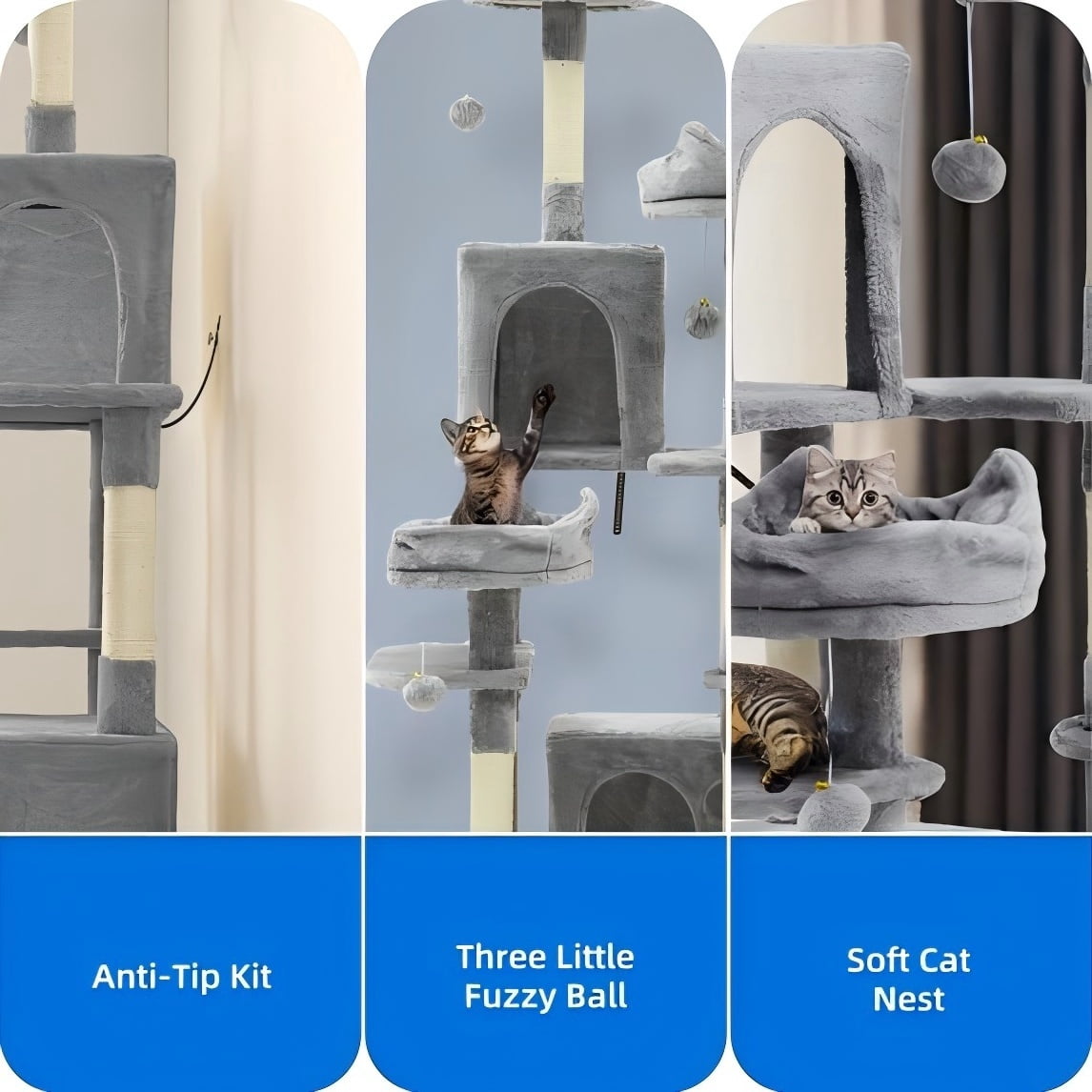 Uforic 75 Inch Multi-Level Cat Tree Tower with 2 Cat Condos, Hammocks, Sisal Scratching Posts & Fluffy Teaser Balls, Light Grey