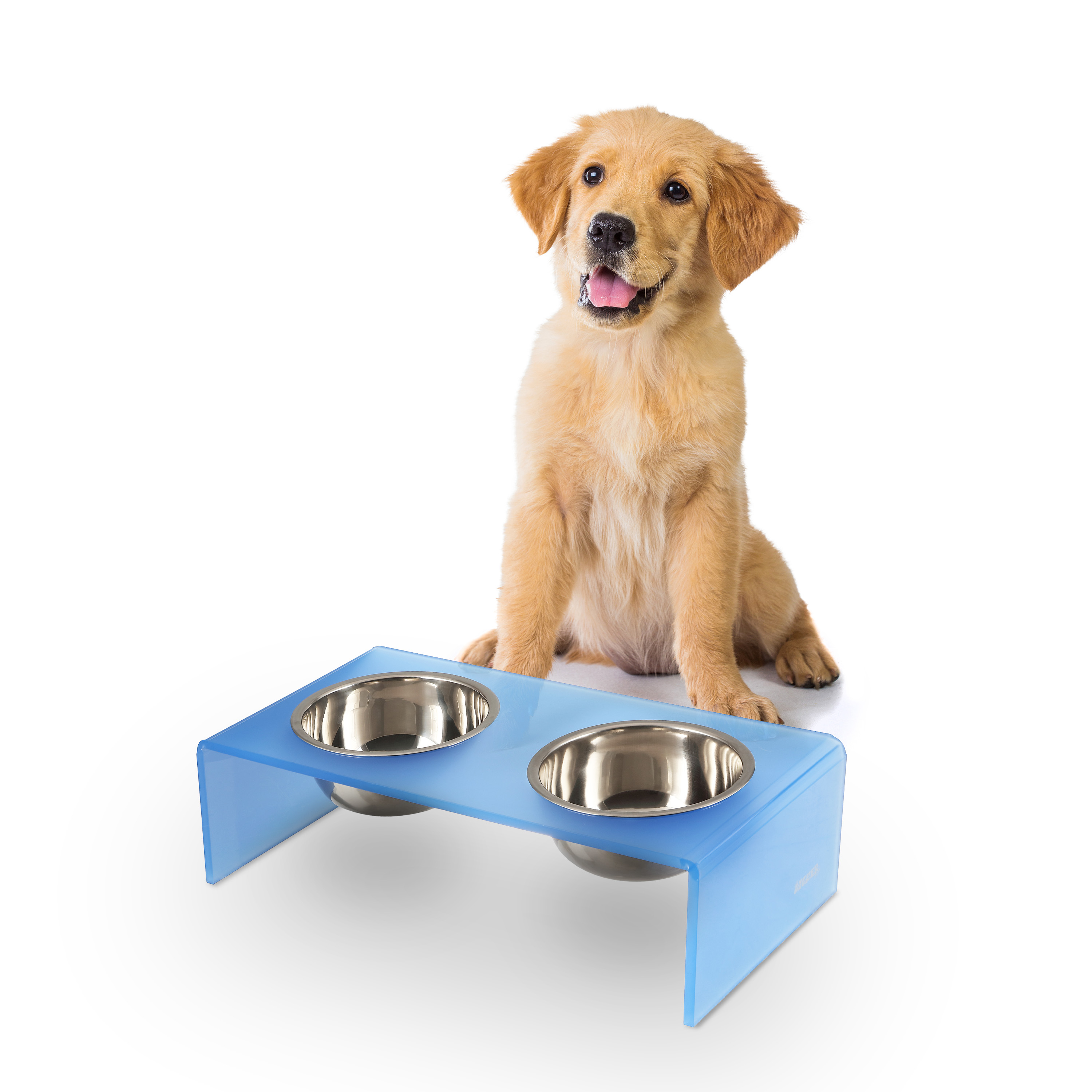 THE LICKER STORE Keaton 5" Small/Medium Modern Acrylic Rectangular Elevated Pet Feeder with 20oz 2-Stainless Steel Bowls, Blue/Chrome, DBL2000C