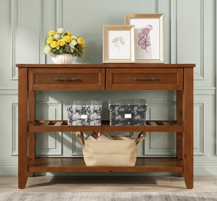 Aukfa 42" Console Table with 2 Drawers, Entryway Sofa Table for Living Room, Long Wooden Hallway Side Table,Cherry
