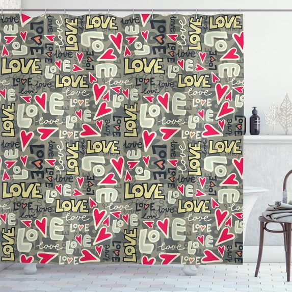 Urban Graffiti Shower Curtain, Romantic Love Message and Heart Icons Various Styles of Typographic Words, Fabric Bathroom Set with Hooks, 69W X 84L Inches Extra Long, Multicolor, by Ambesonne