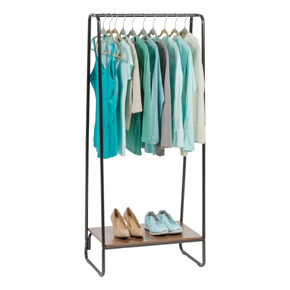 IRIS USA Metal Garment Rack with Wood Shelf, Black and Dark Brown