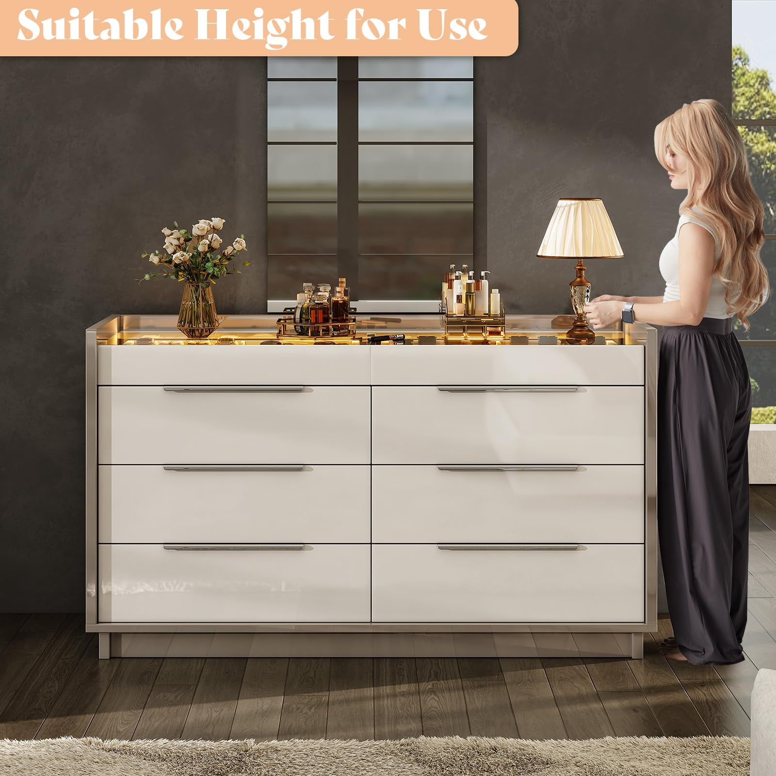Papajet 47.2" W 8 Drawer Dresser with LED Light & Glass Top, Modern Storage Chest with 2 Jewelry Drawers, Storage Organizer for Bedroom, Cream & Grey