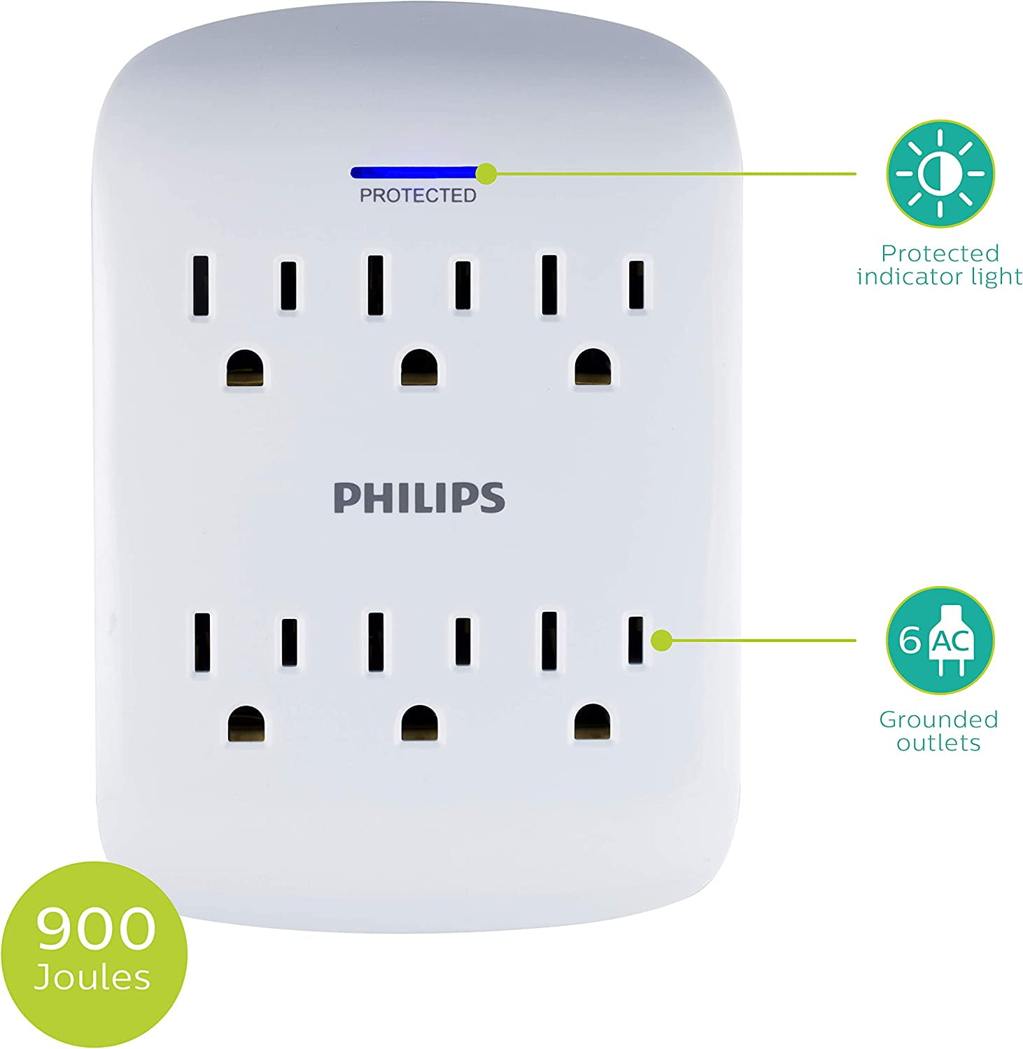 6-Outlet Extender Sur Protector, 2 Pack, Wall Tap, 900 Joules, 3-Prong, Space Saving Design, Protection Indicator LED Light, ETL Listed, White, SPP3466WA/37
