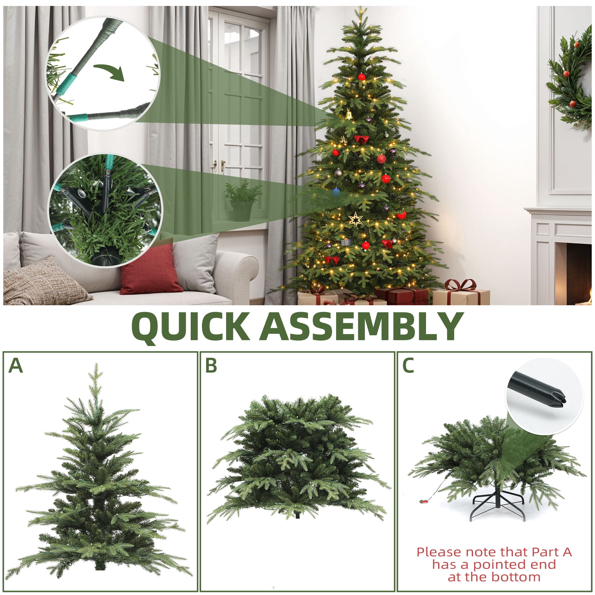 Uforic 7.5 ft Pre-lit Slim Pencil Artificial Christmas Tree with 2199 PE&PVC Tips & 400 Lights,11 Light Modes, Green