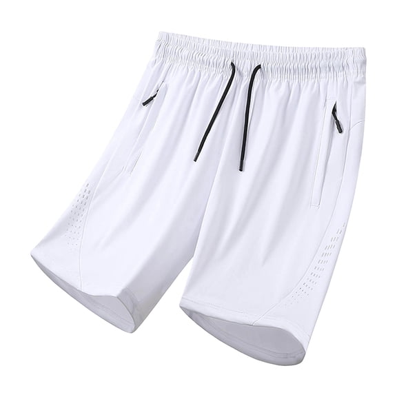 Big & Tall Athletic Shorts for Men Solid Casual Elastic Waist Breathable Workout Gym Running Shorts with Zipper Pockets (XL, White)