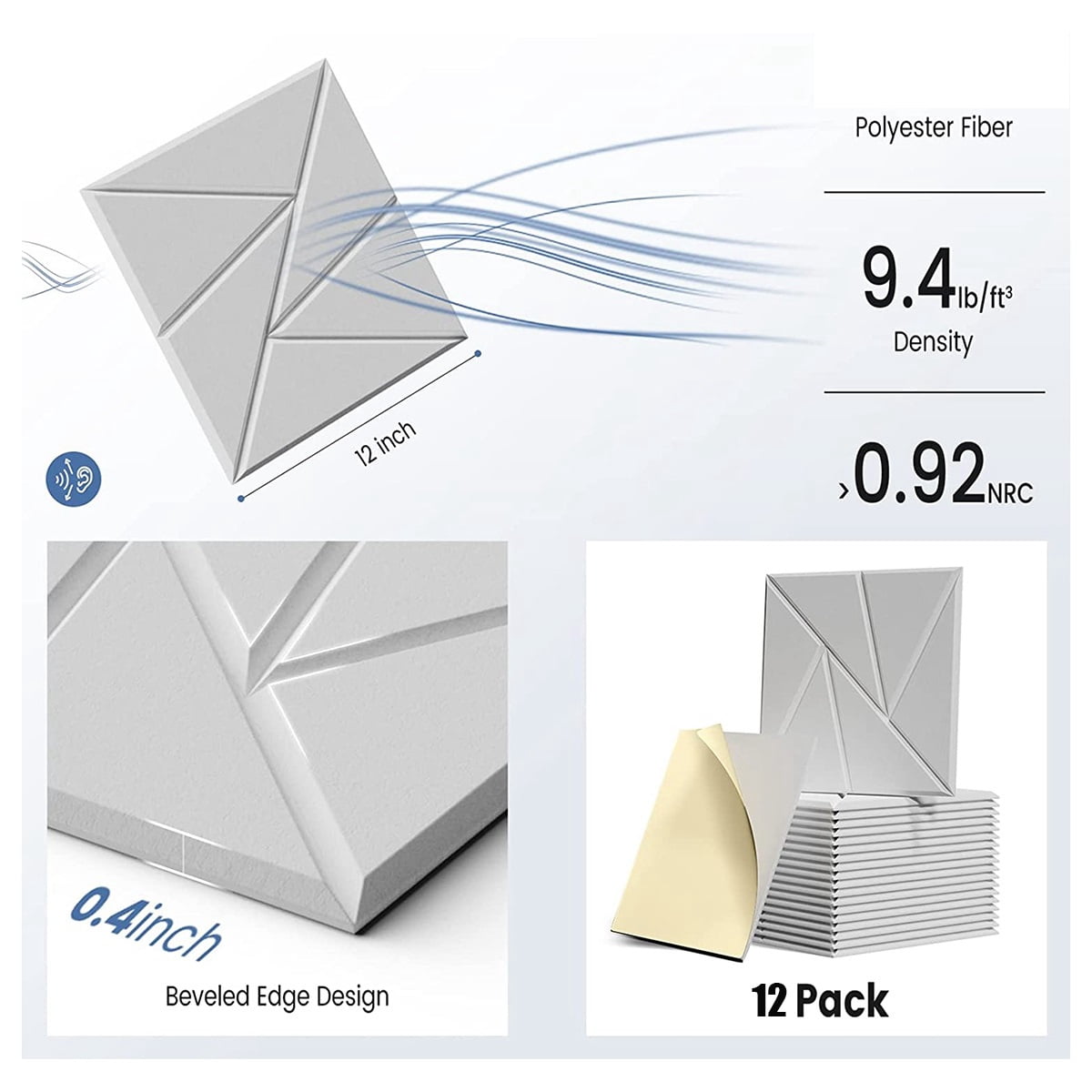 12Pack Acoustic Panels with Self-Adhesive, 12X 12X 0.4Inch Sound Proof Foam Panels,Sound Panels High Density, White