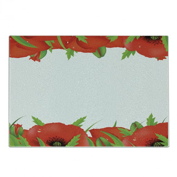 Poppy Flower Cutting Board, Perennial Gardening Bedding Plants Border with Booming Vibrant, Decorative Tempered Glass Cutting and Serving Board, Small Size, Vermilion Green White, by Ambesonne