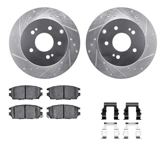 Dynamic Friction Company Rear Brake Rotors-Drilled and Slotted-Silver with 5000 Advanced Brake Pads includes Hardware 7512-72064