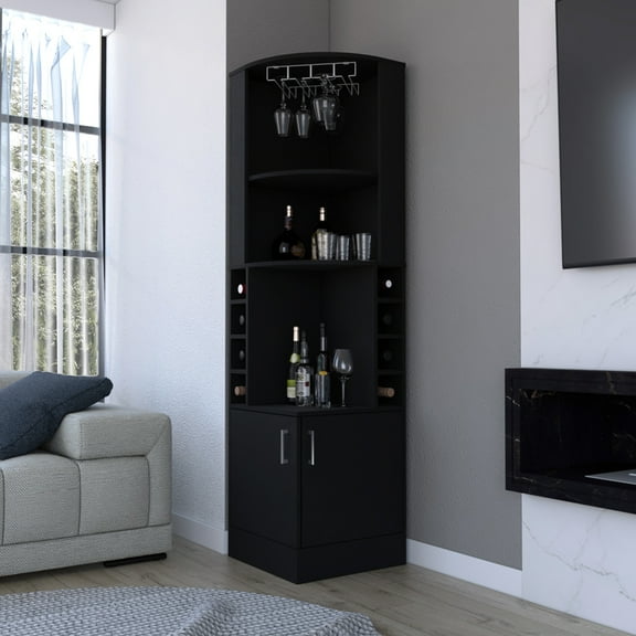 Corner Bar Cabinet In Black For Living Room, With Glass Rack And Double Bowls Hampers
