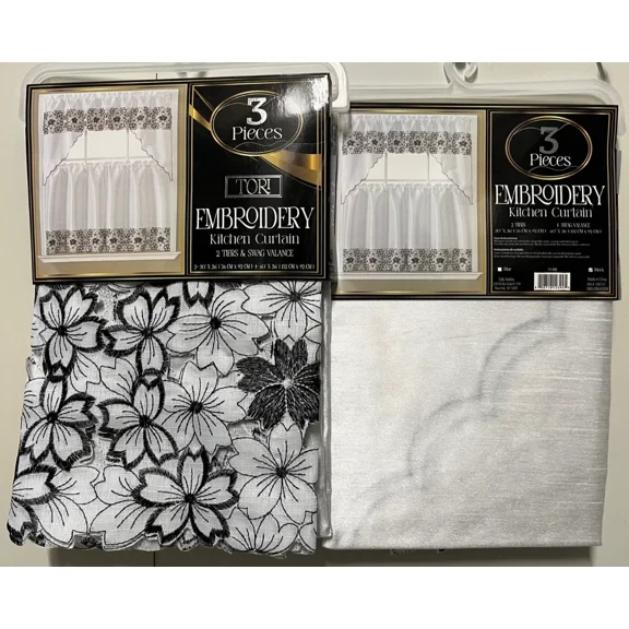 Tori Embroidered Kitchen 36" Long Curtain Tiers and Swag Set, Black